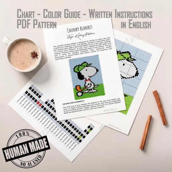 Snoopy Golfing Finger Knit Blanket Pattern showing a white beagle in a lime green golf visor and red collar mid-swing with a golf club and orange club head, on lime green grass against a sky blue background, worked in stockinette colorwork with 6 colors: Sky, Lime, White, Black, Orange, and Red.