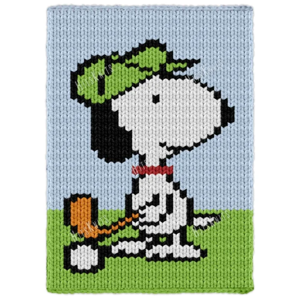 Snoopy Golfing Finger Knit Blanket Pattern showing a white beagle in a lime green golf visor and red collar mid-swing with a golf club and orange club head, on lime green grass against a sky blue background, worked in stockinette colorwork with 6 colors: Sky, Lime, White, Black, Orange, and Red.