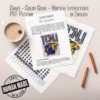 TCNJ Lions Chunky Blanket Knitting Pattern - bold yellow TCNJ lettering with a blue outline above a college lion mascot with a layered blue and yellow mane on a white background, worked in stockinette colorwork intarsia with 3 colors: White, Blue, Yellow.