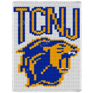 TCNJ Lions Chunky Blanket Knitting Pattern - bold yellow TCNJ lettering with a blue outline above a college lion mascot with a layered blue and yellow mane on a white background, worked in stockinette colorwork intarsia with 3 colors: White, Blue, Yellow.