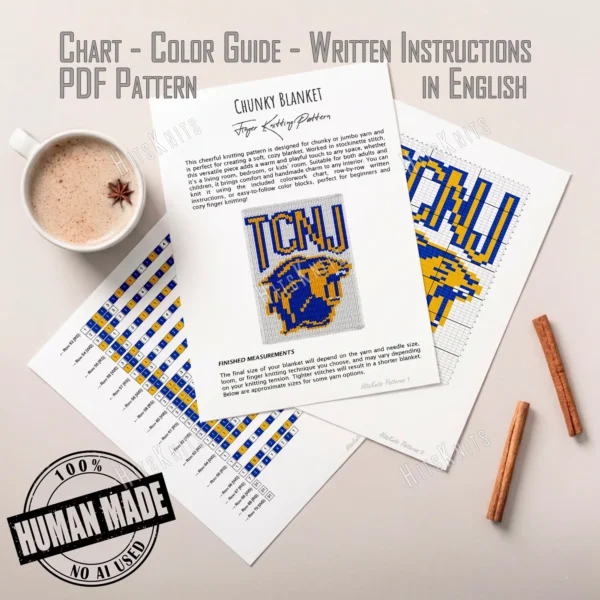 TCNJ Lions Chunky Blanket Knitting Pattern - bold yellow TCNJ lettering with a blue outline above a college lion mascot with a layered blue and yellow mane on a white background, worked in stockinette colorwork intarsia with 3 colors: White, Blue, Yellow.