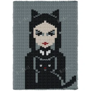 Wednesday Addams Knit Chunky Blanket Pattern showing a portrait of Wednesday Addams in a cat costume with pointed ears, pale face, red lips, dark braids, a white collar and a small black cat, on a teal background, worked in stockinette colorwork with 5 colors: Teal, Black, Powder, White, and Red.