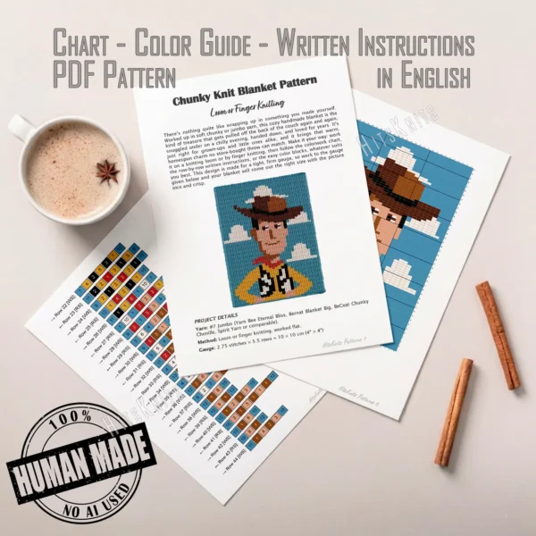 Woody Chunky Blanket Knitting Pattern showing a cowboy character in a wide brown hat with a smiling face and a yellow shirt, on a sky blue background with white clouds, worked in stockinette colorwork with 8 colors: Sky, Ivory, Yellow, Powder, Brown, Black, Camel, and Red.