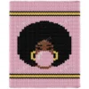 Bubblegum Blanket Finger Knitting Pattern - a girl with a big black afro blowing a pink bubblegum bubble, gold hoop earrings and brown skin on a pink background with gold and black stripes, worked in stockinette colorwork intarsia with 5 colors: Pink, Black, Gold, Camel, White.