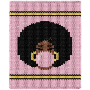 Bubblegum Blanket Finger Knitting Pattern - a girl with a big black afro blowing a pink bubblegum bubble, gold hoop earrings and brown skin on a pink background with gold and black stripes, worked in stockinette colorwork intarsia with 5 colors: Pink, Black, Gold, Camel, White.