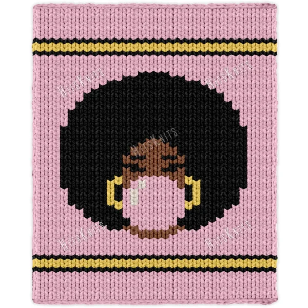 Bubblegum Blanket Finger Knitting Pattern - a girl with a big black afro blowing a pink bubblegum bubble, gold hoop earrings and brown skin on a pink background with gold and black stripes, worked in stockinette colorwork intarsia with 5 colors: Pink, Black, Gold, Camel, White.