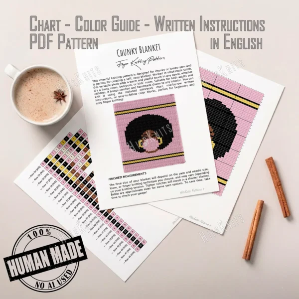 Bubblegum Blanket Finger Knitting Pattern - a girl with a big black afro blowing a pink bubblegum bubble, gold hoop earrings and brown skin on a pink background with gold and black stripes, worked in stockinette colorwork intarsia with 5 colors: Pink, Black, Gold, Camel, White.