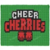 Cheer Cherries Finger Knit Blanket Pattern - CHEER in white over CHERRIES in red on a black banner with two red cherry pom-poms on a lime green background, cheerleading sport graphghan, worked in stockinette colorwork with 4 colors: Lime, Black, Red, White.