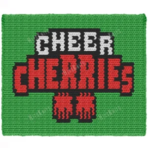 Cheer Cherries Finger Knit Blanket Pattern - CHEER in white over CHERRIES in red on a black banner with two red cherry pom-poms on a lime green background, cheerleading sport graphghan, worked in stockinette colorwork with 4 colors: Lime, Black, Red, White.