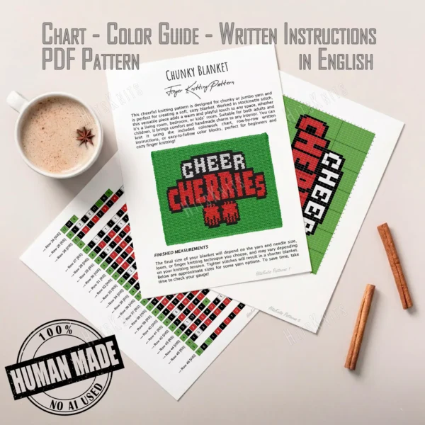 Cheer Cherries Finger Knit Blanket Pattern - CHEER in white over CHERRIES in red on a black banner with two red cherry pom-poms on a lime green background, cheerleading sport graphghan, worked in stockinette colorwork with 4 colors: Lime, Black, Red, White.