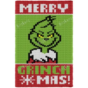 Merry Grinchmas Blanket Loom Knit Pattern - a grumpy green Grinch with narrow yellow eyes in a red suit with a white fur collar, MERRY across the top and GRINCH XMAS! along the bottom, worked in stockinette colorwork with 5 colors: Green, Red, White, Black, and Yellow.