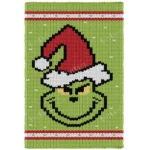 Grinch Chunky Blanket Loom Knitting Pattern - green Christmas character blanket showing a wide grin, gold eyes under heavy black brows and a red Santa hat with white fur trim and pompom, worked in stockinette colorwork intarsia with 5 colors: Green, Red, White, Black, Gold.