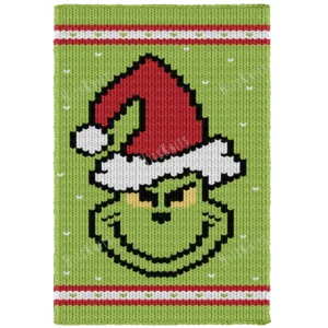 Grinch Chunky Blanket Loom Knitting Pattern - green Christmas character blanket showing a wide grin, gold eyes under heavy black brows and a red Santa hat with white fur trim and pompom, worked in stockinette colorwork intarsia with 5 colors: Green, Red, White, Black, Gold.