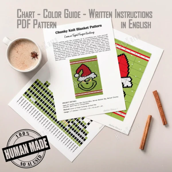 Grinch Chunky Blanket Loom Knitting Pattern - green Christmas character blanket showing a wide grin, gold eyes under heavy black brows and a red Santa hat with white fur trim and pompom, worked in stockinette colorwork intarsia with 5 colors: Green, Red, White, Black, Gold.