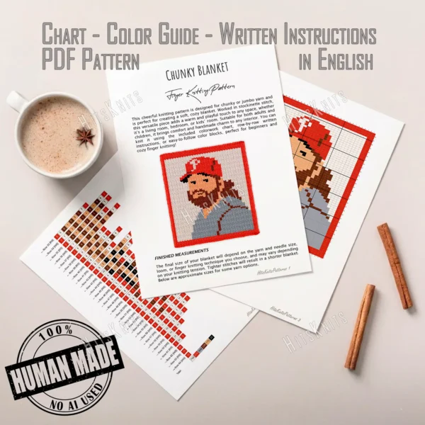 John Kruk Chunky Blanket Knitting Pattern showing a caricature portrait of baseball player John Kruk in a red cap and gray uniform with a brown beard, on an ivory background with a red border, worked in stockinette colorwork intarsia with 6 colors: Ivory, Red, Gray, Brown, Powder, and Black.