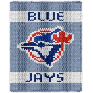 Blue Jays Finger Knitting Blanket Pattern showing the retro Toronto Blue Jays logo, a blue jay head over a red maple leaf with BLUE and JAYS in navy lettering on a sky blue background, worked in stockinette colorwork intarsia with 5 colors: Sky, White, Navy, Red, and Blue.