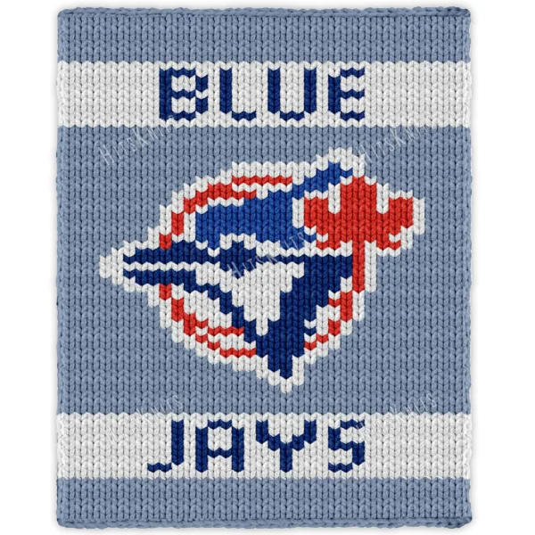 Blue Jays Finger Knitting Blanket Pattern showing the retro Toronto Blue Jays logo, a blue jay head over a red maple leaf with BLUE and JAYS in navy lettering on a sky blue background, worked in stockinette colorwork intarsia with 5 colors: Sky, White, Navy, Red, and Blue.