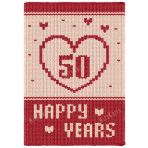 50th Anniversary Finger Blanket Knitting Pattern showing a red heart with the number 50 inside, small scattered hearts, and HAPPY YEARS lettering on cream and red, worked in stockinette colorwork intarsia with 2 colors: Cream and Red.