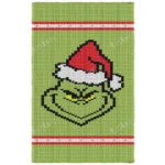 Grinch Christmas Loom Knit Blanket Pattern showing a grumpy green Grinch face with a sly grin and narrow yellow eyes, wearing a red and white Santa hat, on a lime green background with festive red and white striped borders, worked in stockinette colorwork with 5 colors: Lime, Red, Black, White, and Yellow.