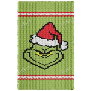 Grinch Christmas Loom Knit Blanket Pattern showing a grumpy green Grinch face with a sly grin and narrow yellow eyes, wearing a red and white Santa hat, on a lime green background with festive red and white striped borders, worked in stockinette colorwork with 5 colors: Lime, Red, Black, White, and Yellow.