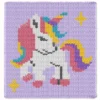 Rainbow Unicorn Finger Knit Blanket Pattern - white unicorn with a rainbow horn and rainbow mane on an orchid background with golden stars, soft girly fairytale mood, worked in stockinette colorwork intarsia with 7 colors: Orchid, White, Mauve, Yellow, Sky, Amethyst, Gray.