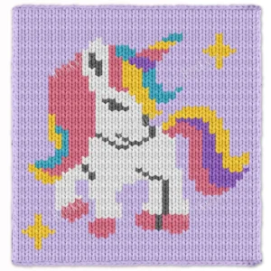 Rainbow Unicorn Finger Knit Blanket Pattern - white unicorn with a rainbow horn and rainbow mane on an orchid background with golden stars, soft girly fairytale mood, worked in stockinette colorwork intarsia with 7 colors: Orchid, White, Mauve, Yellow, Sky, Amethyst, Gray.