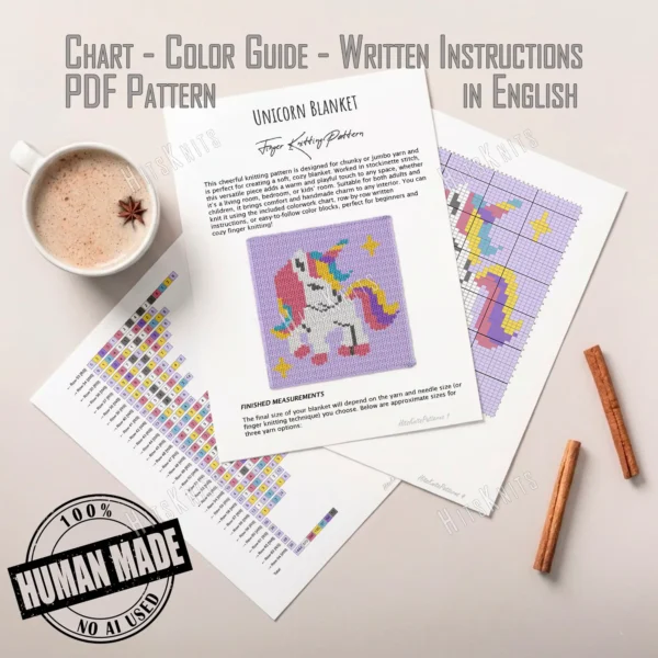 Rainbow Unicorn Finger Knit Blanket Pattern - white unicorn with a rainbow horn and rainbow mane on an orchid background with golden stars, soft girly fairytale mood, worked in stockinette colorwork intarsia with 7 colors: Orchid, White, Mauve, Yellow, Sky, Amethyst, Gray.