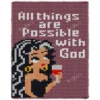 Betty Boop with God Chunky Blanket Knit Pattern showing a retro cartoon lady with long dark hair holding a glass of red wine below the quote All things are possible with God, on a plum background, worked in stockinette colorwork intarsia with 7 colors: Plum, Black, White, Camel, Gray, Red, and Gold.