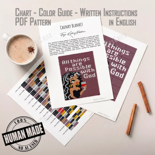Betty Boop with God Chunky Blanket Knit Pattern showing a retro cartoon lady with long dark hair holding a glass of red wine below the quote All things are possible with God, on a plum background, worked in stockinette colorwork intarsia with 7 colors: Plum, Black, White, Camel, Gray, Red, and Gold.