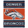 Denver Broncos Finger Knitting Blanket Pattern showing the white and navy bronco horse head logo on an orange field with DENVER and BRONCOS in white lettering on navy bands, worked in stockinette colorwork intarsia with 3 colors: Navy, Orange, and White.