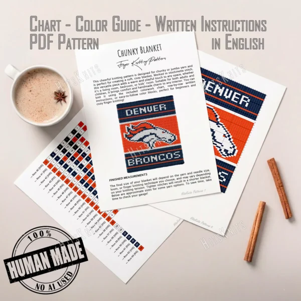Denver Broncos Finger Knitting Blanket Pattern showing the white and navy bronco horse head logo on an orange field with DENVER and BRONCOS in white lettering on navy bands, worked in stockinette colorwork intarsia with 3 colors: Navy, Orange, and White.