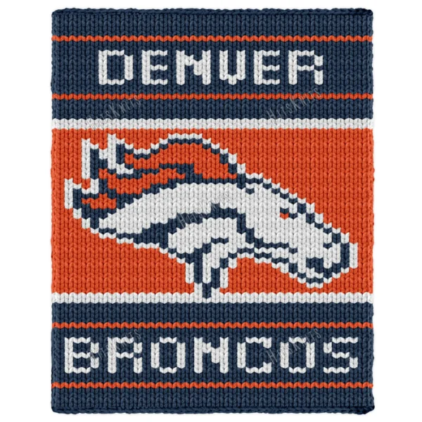 Denver Broncos Finger Knitting Blanket Pattern showing the white and navy bronco horse head logo on an orange field with DENVER and BRONCOS in white lettering on navy bands, worked in stockinette colorwork intarsia with 3 colors: Navy, Orange, and White.