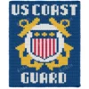 US Coast Guard Finger Knit Blanket Pattern - crossed golden anchors and a red and white striped flag on deep navy blue, bold military emblem, worked in stockinette colorwork intarsia with 4 colors: Blue, White, Yellow, Red.