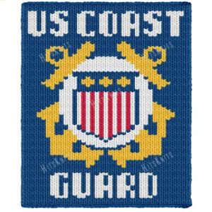 US Coast Guard Finger Knit Blanket Pattern - crossed golden anchors and a red and white striped flag on deep navy blue, bold military emblem, worked in stockinette colorwork intarsia with 4 colors: Blue, White, Yellow, Red.
