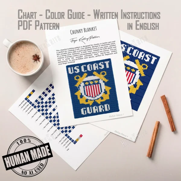 US Coast Guard Finger Knit Blanket Pattern - crossed golden anchors and a red and white striped flag on deep navy blue, bold military emblem, worked in stockinette colorwork intarsia with 4 colors: Blue, White, Yellow, Red.