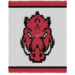 Arkansas Razorbacks Knit Chunky Blanket Pattern - a bold red razorback hog with a black outline and tusks on a white background with a red and black striped border, worked in stockinette colorwork intarsia with 3 colors: Red, Black, and White.