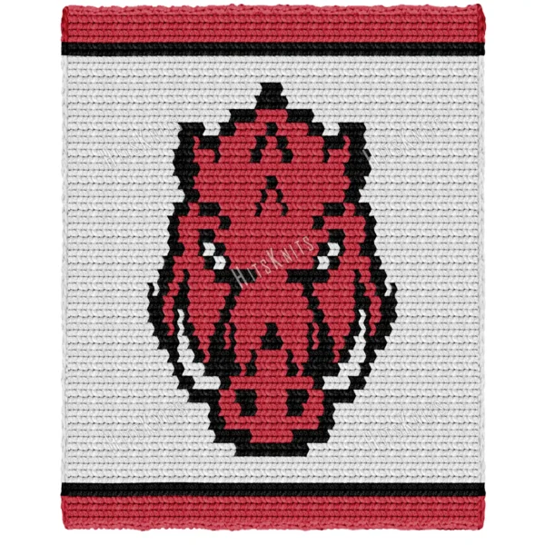 Arkansas Razorbacks Knit Chunky Blanket Pattern - a bold red razorback hog with a black outline and tusks on a white background with a red and black striped border, worked in stockinette colorwork intarsia with 3 colors: Red, Black, and White.