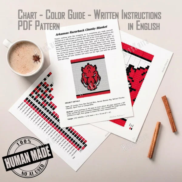 Arkansas Razorbacks Knit Chunky Blanket Pattern - a bold red razorback hog with a black outline and tusks on a white background with a red and black striped border, worked in stockinette colorwork intarsia with 3 colors: Red, Black, and White.