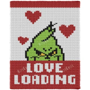 Love Loading Blanket Loom Knit Pattern - a grumpy green Grinch with narrow yellow eyes and three red hearts on a white ground, LOVE LOADING in white on a red band, worked in stockinette colorwork with 5 colors: White, Red, Lime, Black, and Yellow.