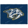 Nashville Predators Finger Knitting Blanket Pattern showing the sabretooth tiger hockey logo in white and navy with a gold outline, gray shading, and an orange eye on a navy background, worked in stockinette colorwork intarsia with 5 colors: Navy, White, Gold, Gray, and Orange.