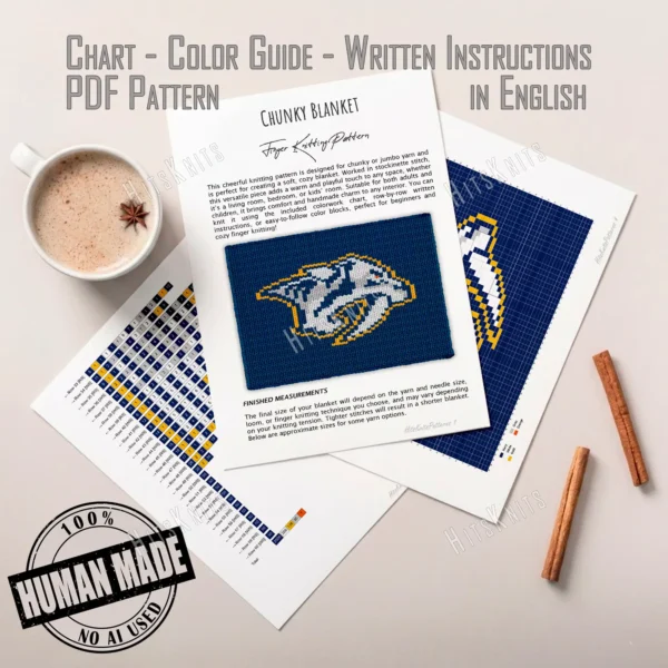 Nashville Predators Finger Knitting Blanket Pattern showing the sabretooth tiger hockey logo in white and navy with a gold outline, gray shading, and an orange eye on a navy background, worked in stockinette colorwork intarsia with 5 colors: Navy, White, Gold, Gray, and Orange.