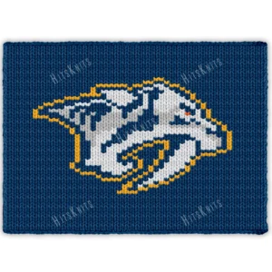 Nashville Predators Finger Knitting Blanket Pattern showing the sabretooth tiger hockey logo in white and navy with a gold outline, gray shading, and an orange eye on a navy background, worked in stockinette colorwork intarsia with 5 colors: Navy, White, Gold, Gray, and Orange.