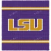 LSU Finger Knit Blanket Pattern - Louisiana State University monogram in gold with a white outline on a purple background, with gold and white stripe bands, worked in stockinette colorwork intarsia with 3 colors: Purple, Yellow, and White.