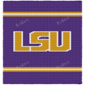 LSU Finger Knit Blanket Pattern - Louisiana State University monogram in gold with a white outline on a purple background, with gold and white stripe bands, worked in stockinette colorwork intarsia with 3 colors: Purple, Yellow, and White.