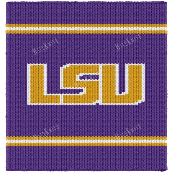 LSU Finger Knit Blanket Pattern - Louisiana State University monogram in gold with a white outline on a purple background, with gold and white stripe bands, worked in stockinette colorwork intarsia with 3 colors: Purple, Yellow, and White.
