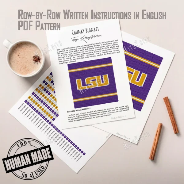 LSU Finger Knit Blanket Pattern - Louisiana State University monogram in gold with a white outline on a purple background, with gold and white stripe bands, worked in stockinette colorwork intarsia with 3 colors: Purple, Yellow, and White.