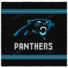Carolina Panthers Chunky Blanket Pattern - a blue prowling panther head above PANTHERS in white capitals, slim blue stripes on a black background, bold football team graphghan, worked in stockinette colorwork with 3 colors: Black, Blue, White.