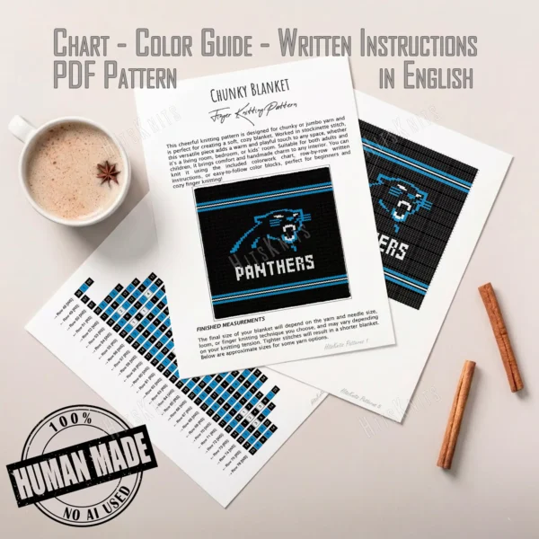Carolina Panthers Chunky Blanket Pattern - a blue prowling panther head above PANTHERS in white capitals, slim blue stripes on a black background, bold football team graphghan, worked in stockinette colorwork with 3 colors: Black, Blue, White.