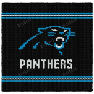 Carolina Panthers Chunky Blanket Pattern - a blue prowling panther head above PANTHERS in white capitals, slim blue stripes on a black background, bold football team graphghan, worked in stockinette colorwork with 3 colors: Black, Blue, White.
