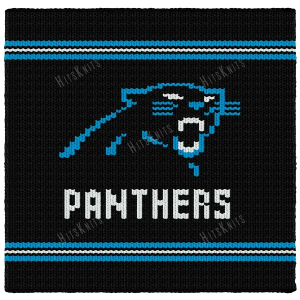 Carolina Panthers Chunky Blanket Pattern - a blue prowling panther head above PANTHERS in white capitals, slim blue stripes on a black background, bold football team graphghan, worked in stockinette colorwork with 3 colors: Black, Blue, White.